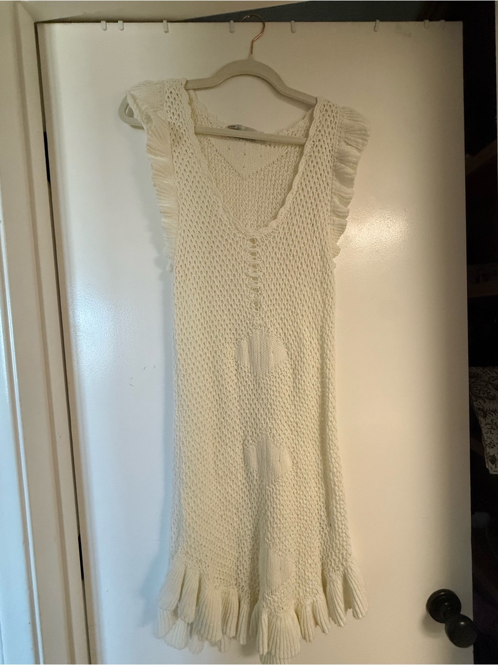 Cream Knit Sleeveless Midi Dress with Ruffle Trim